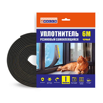 Уплотнитель резиновый I-профиль, 2*9 мм, 6 м, черный, 4Walls 
